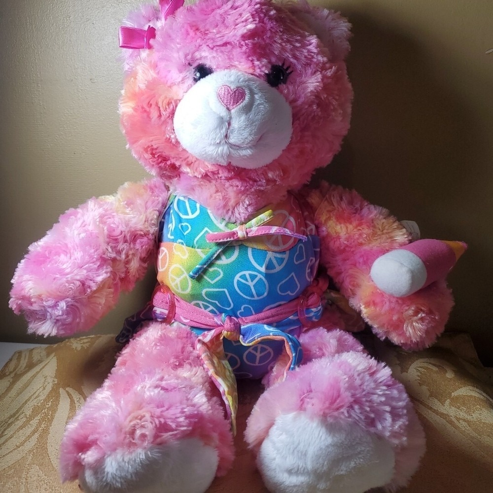 Build-A-Bear Workshop Pink Tie Dye Teddy Bear Peace Heart Rainbow Swimsuit Plush